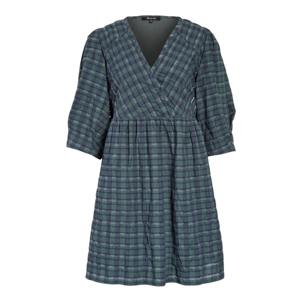 LN Madewell Marianna Navy Blue & Green Plaid Puff Sleeve Mini Babydoll Dress - M